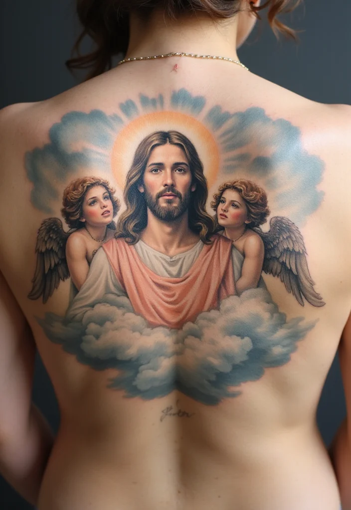 12 Stunning Jesus Tattoo Designs That Will Strengthen Your Faith (You Won't Believe #5!) - 6. Jesus with Angels 1