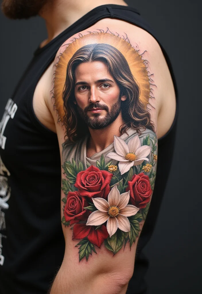 12 Stunning Jesus Tattoo Designs That Will Strengthen Your Faith (You Won't Believe #5!) - 8. Floral Jesus Tattoos 1