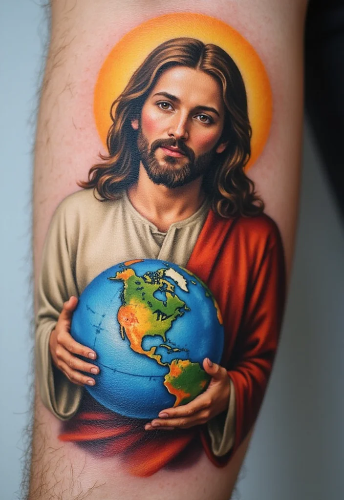 15 Jaw-Dropping Jesus Tattoos That Will Fill You with Hope! - 15. Jesus with the World 1