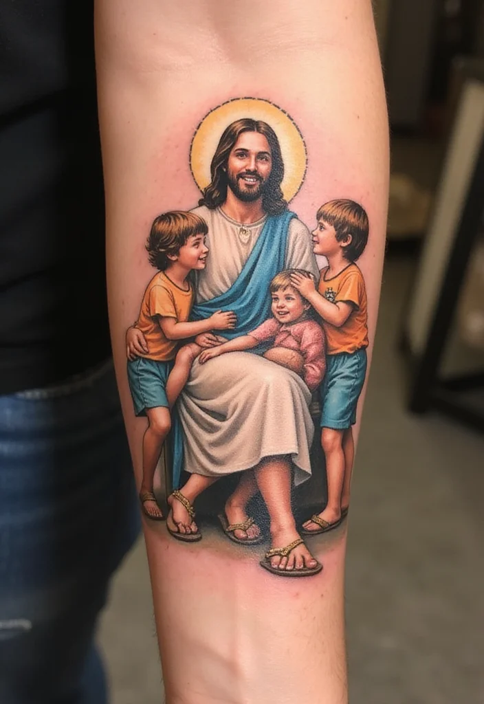 15 Jaw-Dropping Jesus Tattoos That Will Fill You with Hope! - 3. Jesus with Children 1